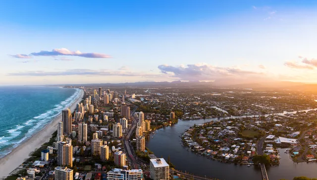 Aerial panorama of the Gold Coast looking toward Broadbeach at dusk