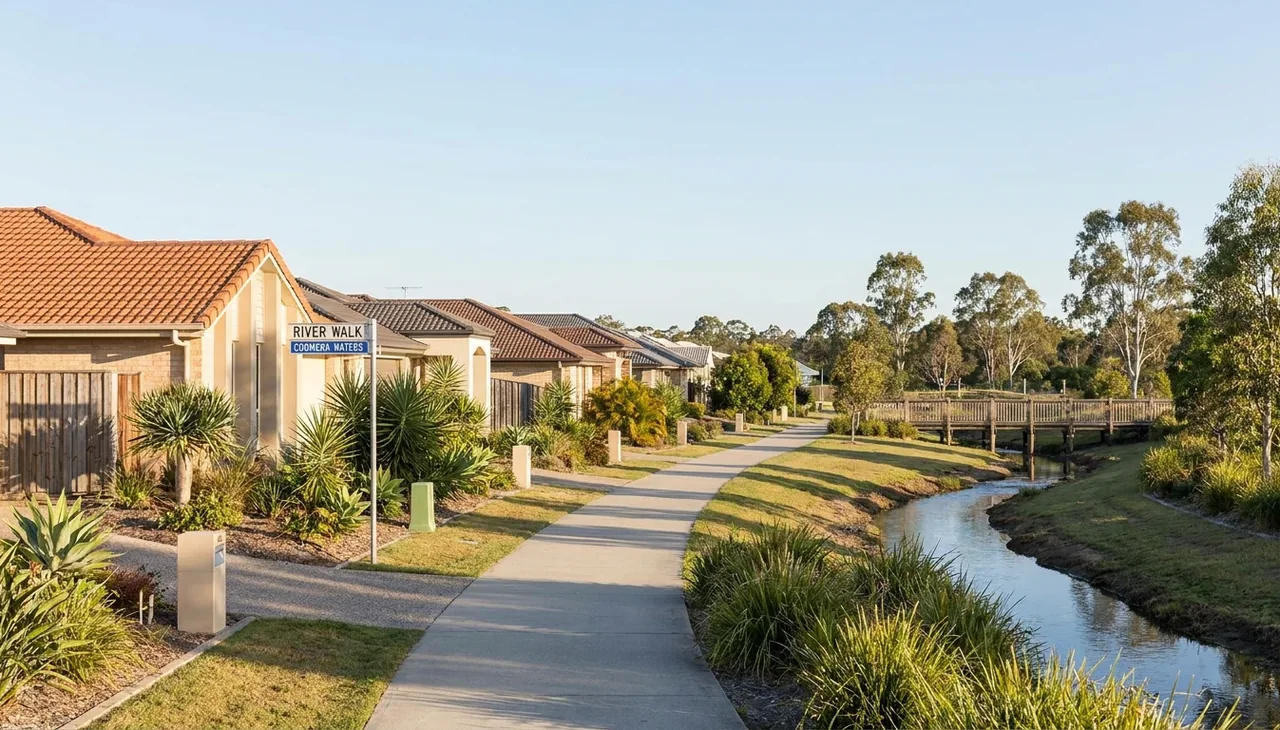 Residential street in Coomera with canal, footpath and landscaped gardens