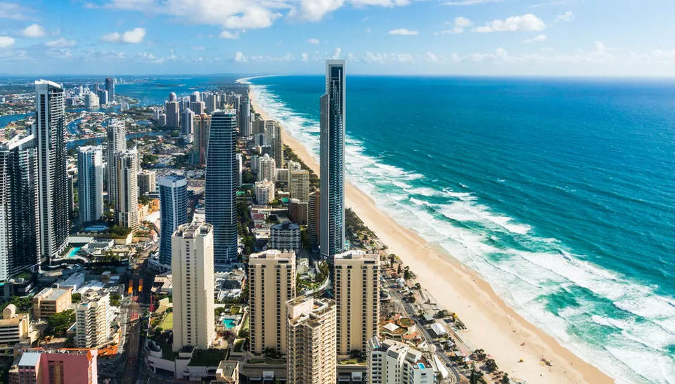 View of Surfers Paradise skyline and beach from above